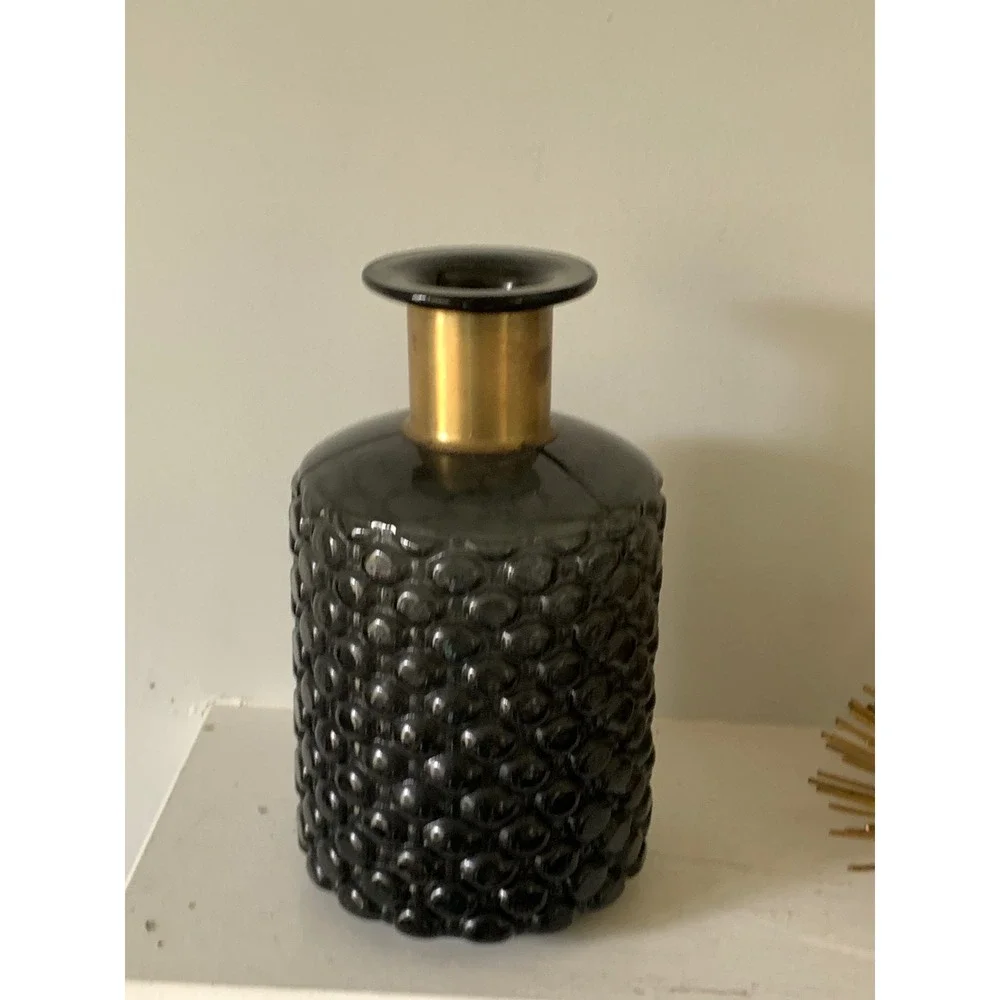 Smoky Gray Textured Glass Vase with‎ Gold Neck Mid Century Modern Decor 9.5